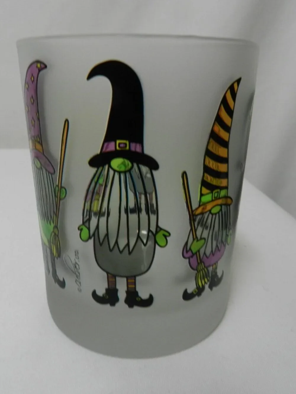 Culver Double Old Fashioned Gnomes Witches Halloween Frosted Glass Set 2 NEW